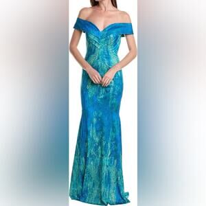 Rene Ruiz Collection Off the Shoulder Fit and Flare Gown Blue Green Women’s Sz 0